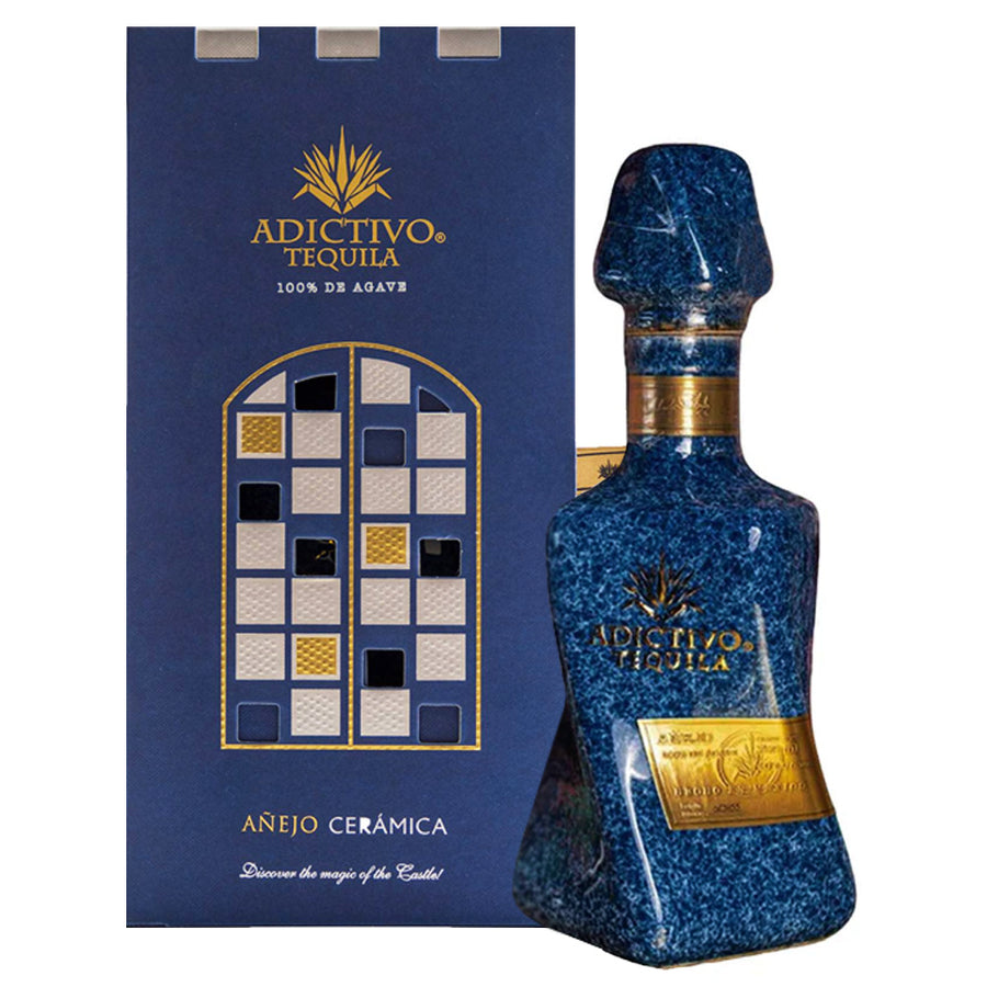 Adictivo Anejo Tequila Blue Ceramic Bottle